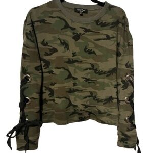 LEA & VIOLA LOUNGE Camo Lace-Up Grommet Sleeve Sweatshirt - Size M